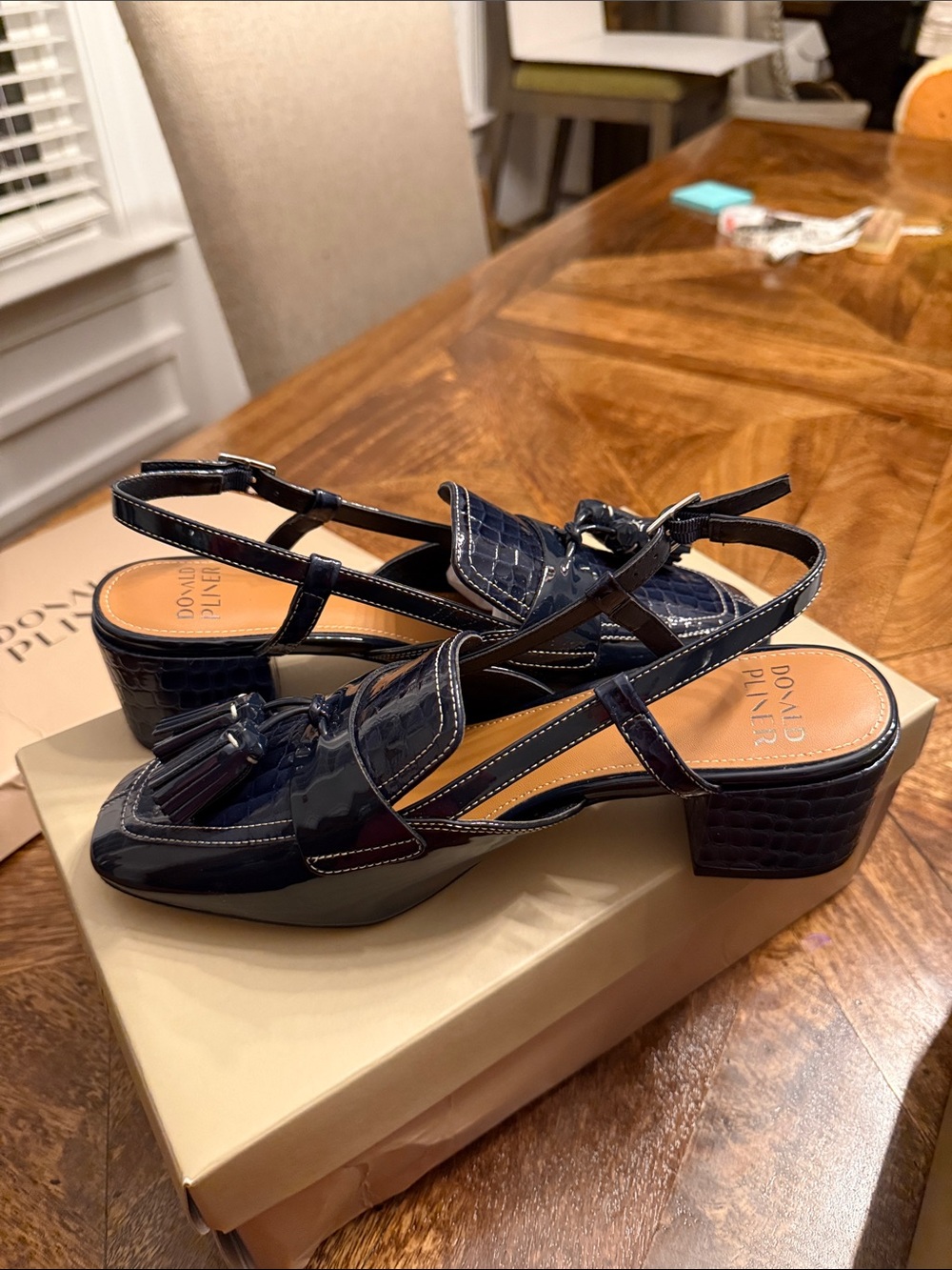 Navy Croc-Effect Soft patent Slingback Loafer Heels